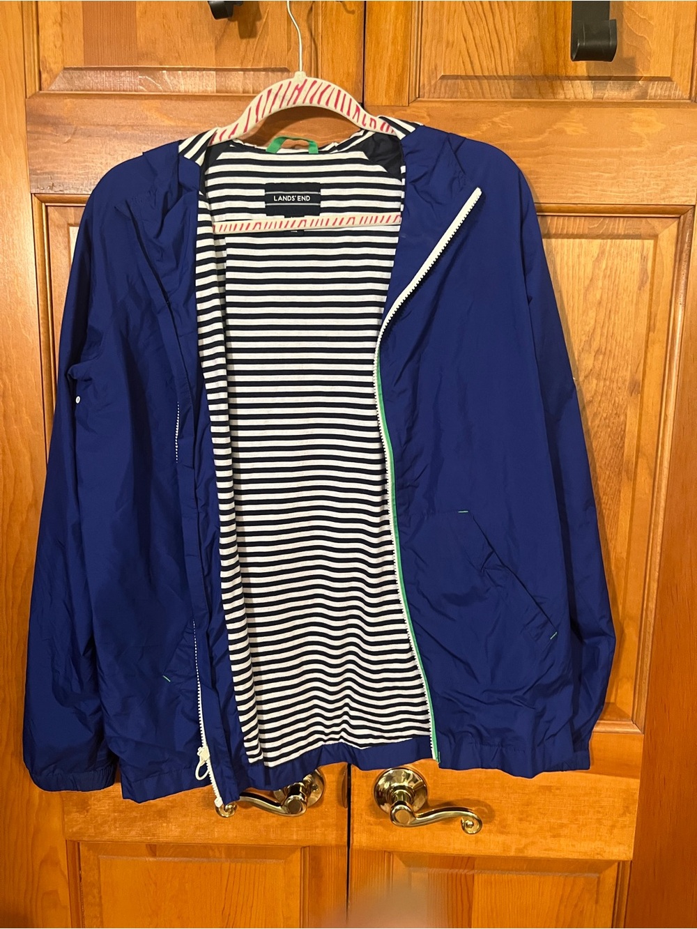 Lands' End Royal Blue Hooded Windbreaker with Striped Lining